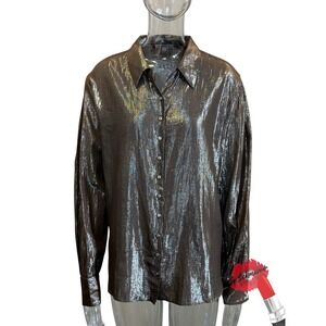 Cavanagh Baker Button Down Top Womens Small Brown Grey Shiny Long Sleeve Classic